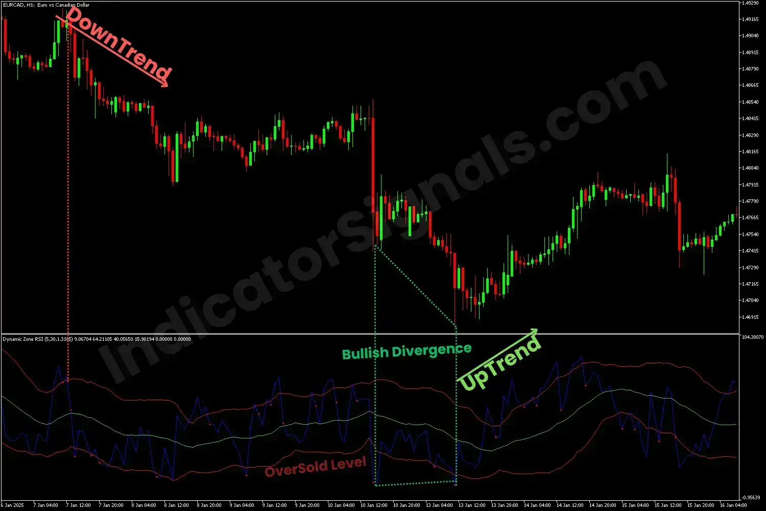 Bullish reversal spotting by the Dynamic Zone RSI indicator on MT5